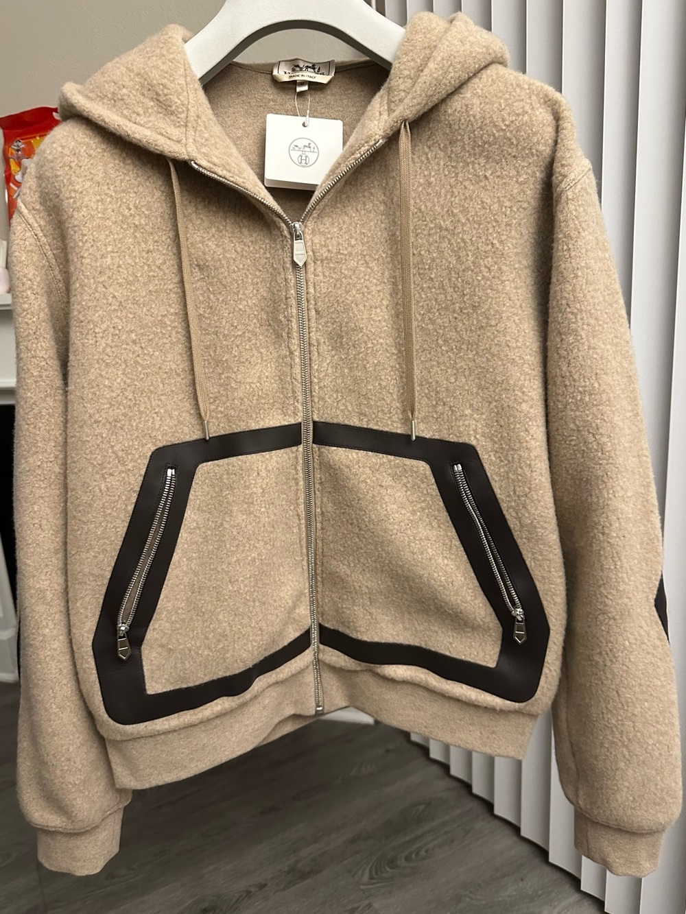 Hermes Beige Hooded Zip Jacket with Dark Brown Trim